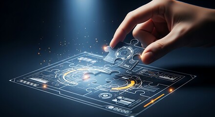 Problem-solving and solution concept. A hand joins the last two pieces of a holographic puzzle, completing the image and symbolizing a solution.