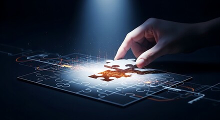 Problem-solving and solution concept. A hand joins the last two pieces of a holographic puzzle, completing the image and symbolizing a solution.