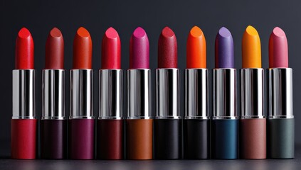 Obraz premium A row of twelve lipsticks with diverse, vibrant colors and metallic silver casings, arranged on a dark background