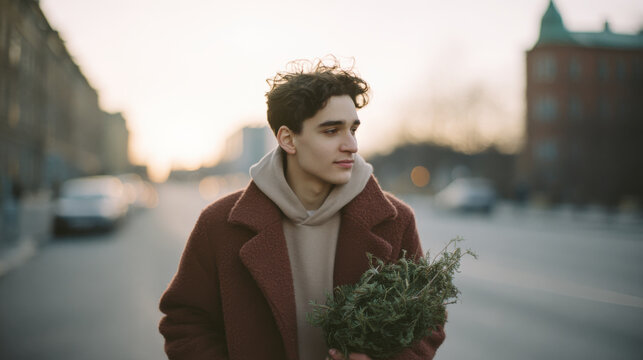 young man walks down empty street holding wreath that symbolizes peace and hope