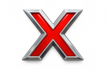 Metallic red letter x with glossy border, digitally rendered on transparent backdrop