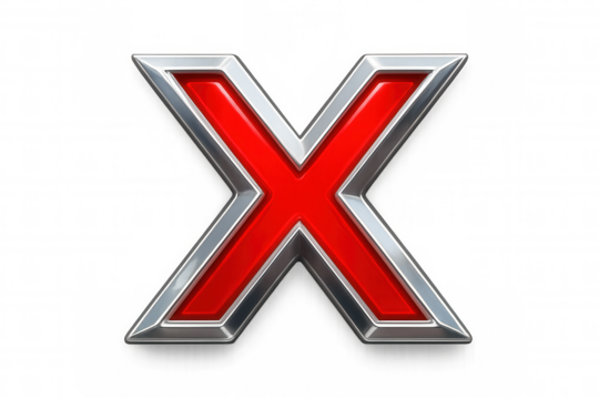 Metallic red letter x with glossy border, digitally rendered on transparent backdrop