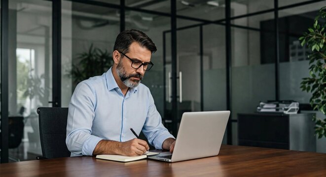A focused middle-aged businessman with a beard and glasses multitasks, working on his laptop and writing in a notebook in a modern office. Represents strategy and productivity.