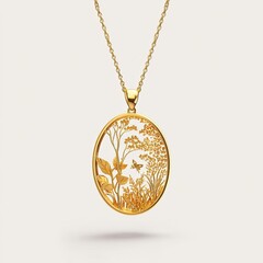 Elegant gold necklace with an oval pendant featuring an intricate nature-inspired design