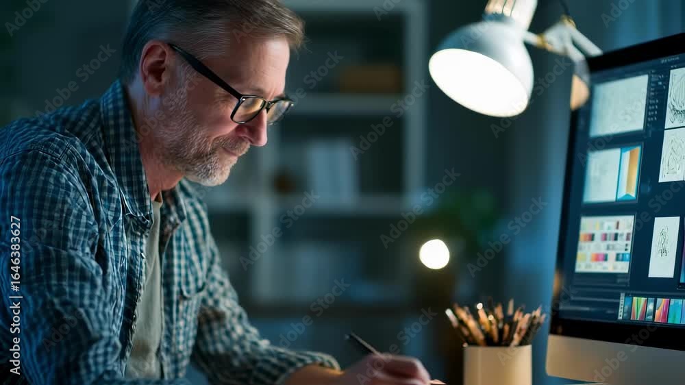 Poster side view of a creative professional exploring innovative design ideas on a digital tablet while ref