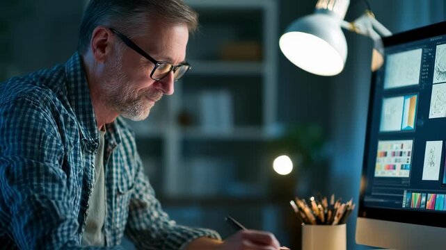 Side view of a creative professional exploring innovative design ideas on a digital tablet while referencing style guides and mockups on a nearby monitor.