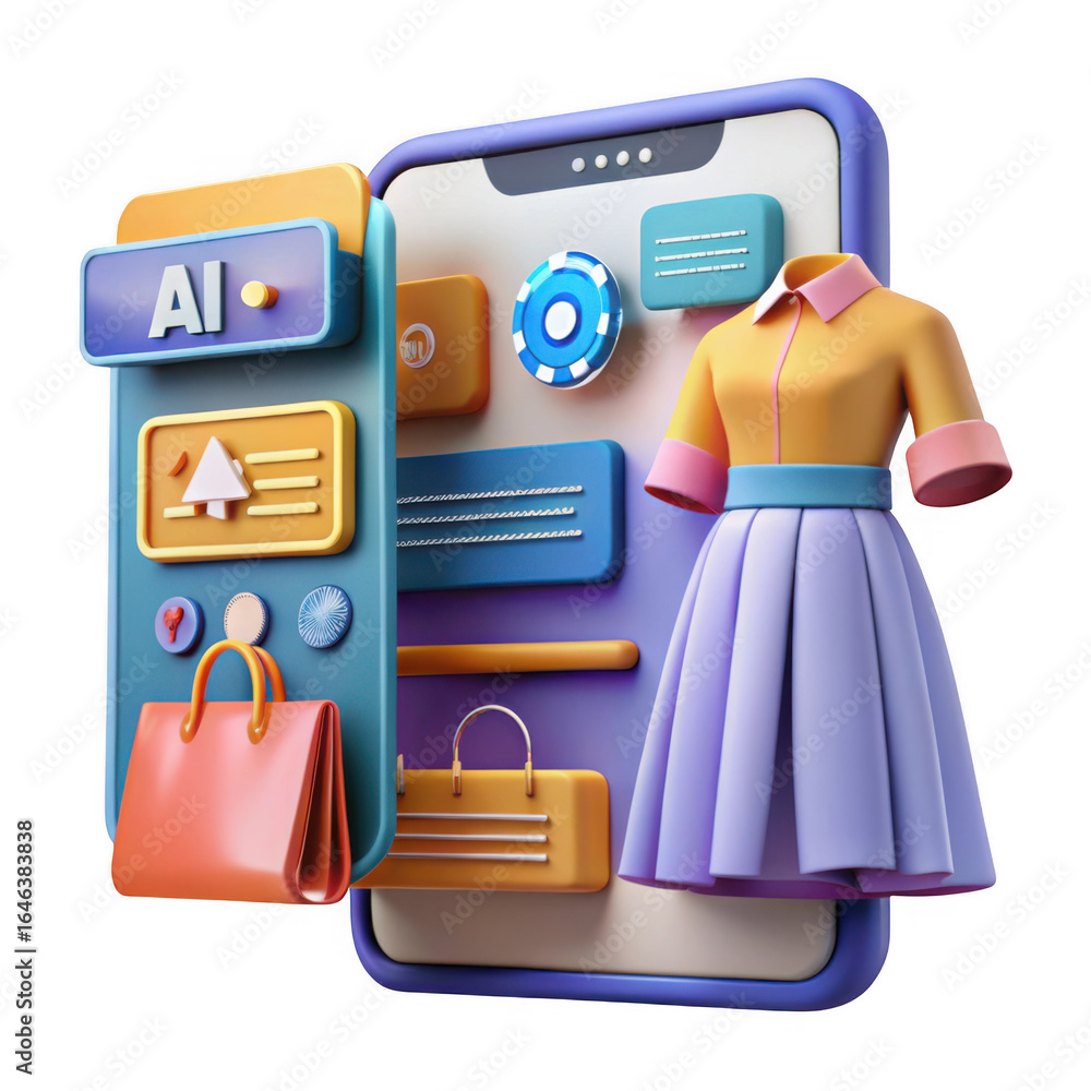 Poster 3d rendering of a smartphone displaying ai shopping interface with fashion items isolated on transpa
