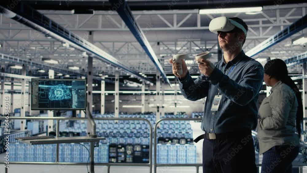 Poster server farm programmer uses vr headset to install updates and keep ai systems running. data center e