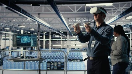 Server farm programmer uses VR headset to install updates and keep AI systems running. Data center employee uses virtual reality tech to write code improving infrastructure output, camera A - Powered by Adobe