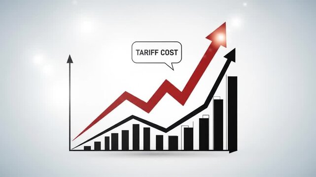 Economic chart illustrating the rising impact of tariff costs, shown with an upward-trending red arrow and graph.