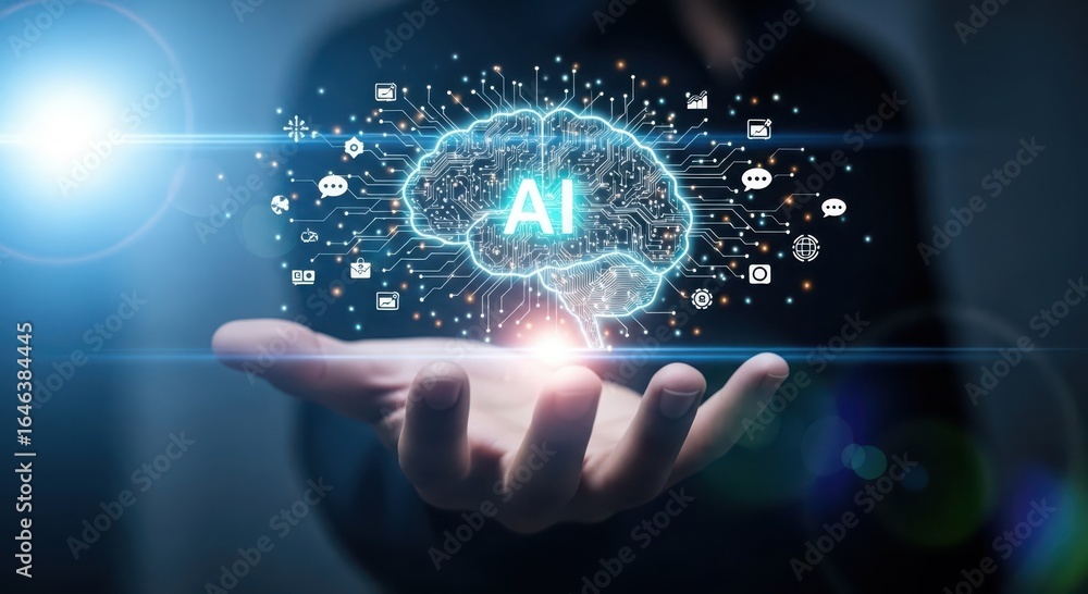 Poster futuristic artificial intelligence brain hologram projected from open hand showing advanced technolo