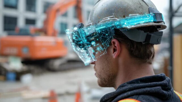 Medium shot of an installers augmentedreality helmet highlighting BIM clash detection alerts with the worker and holographic interface clear and the construction area hazy in the