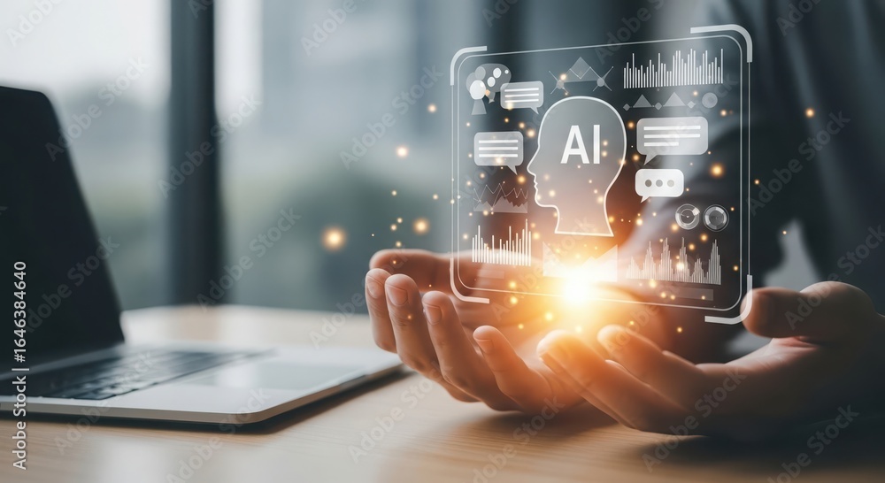 Aufkleber person holding a glowing transparent screen displaying artificial intelligence technology and data v