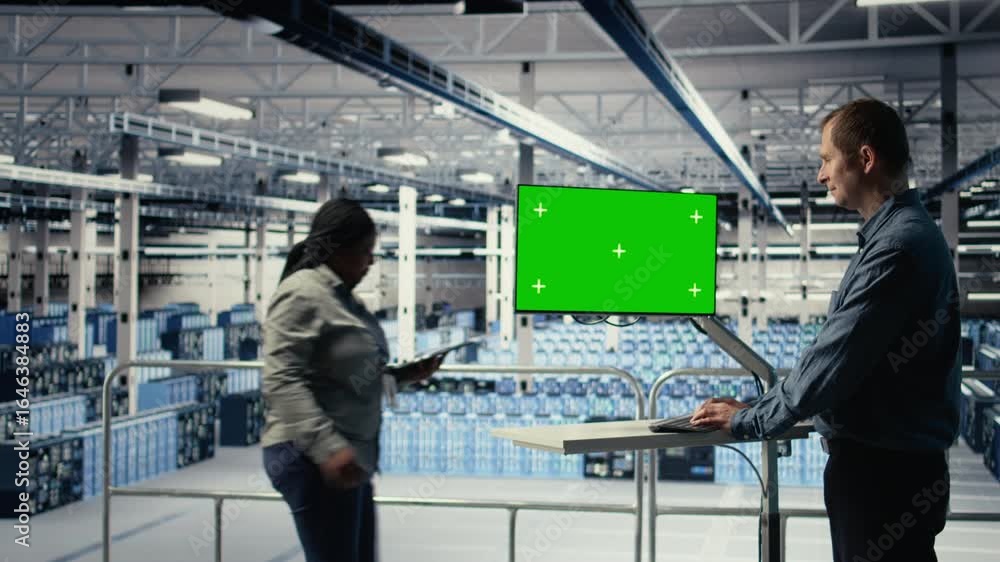 Poster server farm technician using green screen computer to scan hardware rigs for issues. data center it 