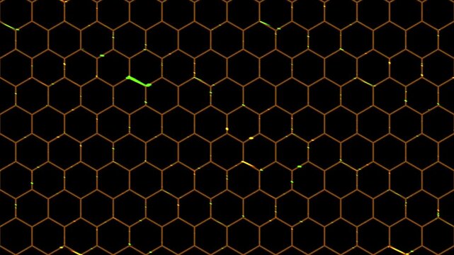 An intricate, futuristic grid of interconnected hexagons, glowing with a warm, golden light, creating a sense of advanced technology or data flow.