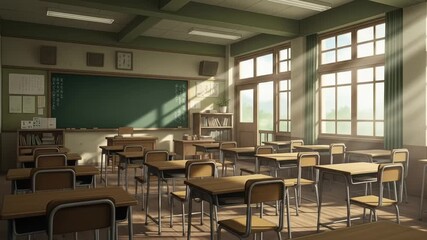 An empty, sunlit classroom with wooden desks and chairs, a green blackboard, and large windows, depicted in an anime art style. - Powered by Adobe