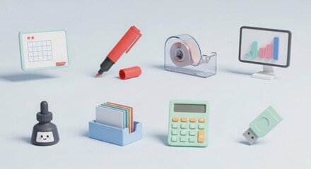 Set of 8 pastel 3D icons whiteboard, marker pen, tape dispenser, monitor, paper tray, ink bottle, calculator, thumb drive.
