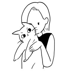 Hand-drawn style illustration of a person sniffing a cat, transparent background