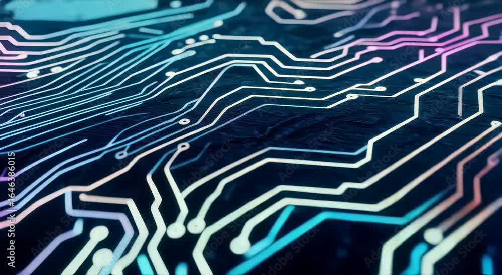 Poster abstract circuit board design with glowing lines on dark background