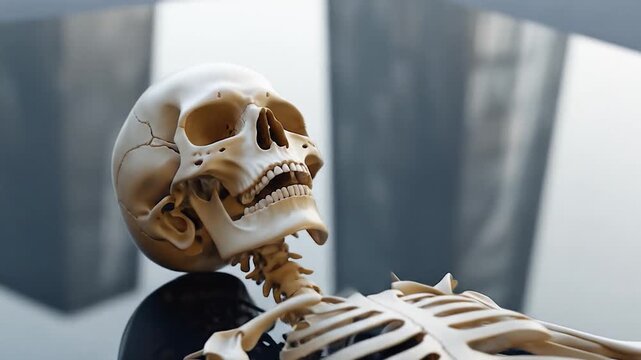 Anatomical Skeleton Model: Skull and Upper Torso Close-Up on Reflective Surface