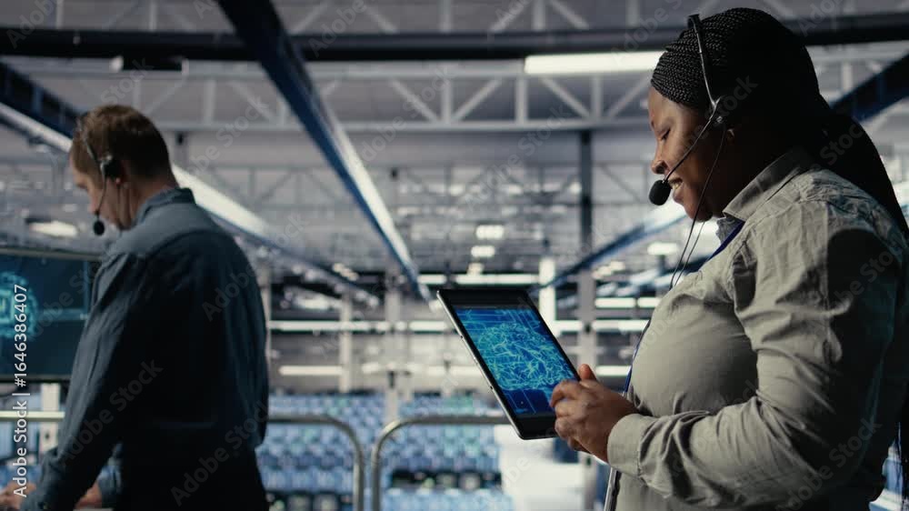 Poster server room tech support employee using ai on tablet to guide clients. technician in data center hel