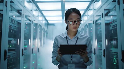 Young Woman Uses Tablet in Modern Data Center Server Room - Powered by Adobe