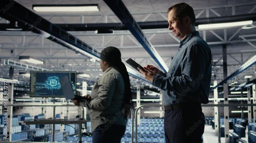 Poster it expert in server hub uses tablet to optimize deep learning ai systems handling tasks. data center