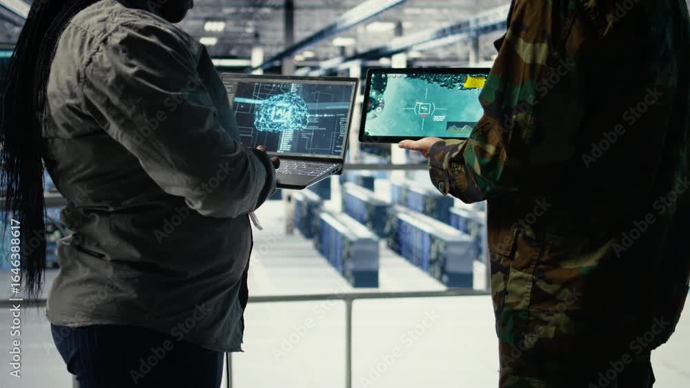 Poster close up of army general and coworker in data center integrating ai into radar systems for missile t