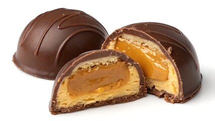 A close up of chocolate covered candies with a caramel filling on a white surface background view