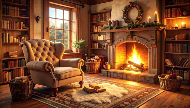 Cozy Christmas library scene