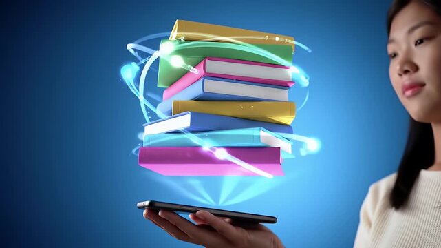 Asian Woman Holds Phone Displaying Stack of Colorful Books with Digital Effects on Blue Gradient Background - Powered by Adobe