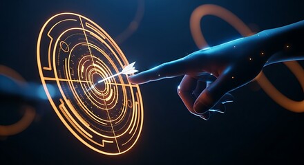 Goal and objective achievement concept. A finger points to the center of a holographic target with an arrow already in the bullseye.
