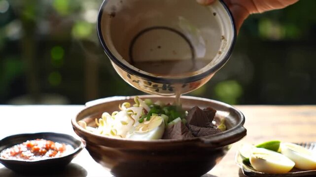 Delicious Rawon, traditional Indonesian black beef soup from East Java. Served with egg, bean sprouts, and sambal on a rustic wooden table.