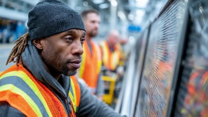 Medium shot highlighting the concentrated gaze of an installer adjusting jetway wrap panels main figure crisply detailed with blurred airport equipment and teammates behind.