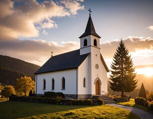 Naklejka premium Church at sunset, idyllic scene
