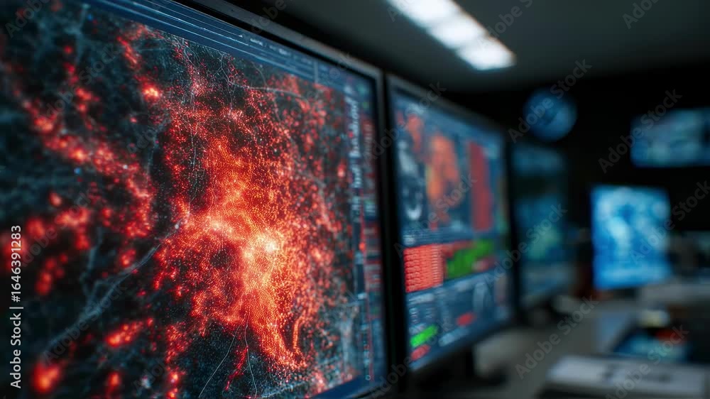 Poster medium shot of a glowing 3d wildfire map projected in a control room with clear emphasis on the vibr