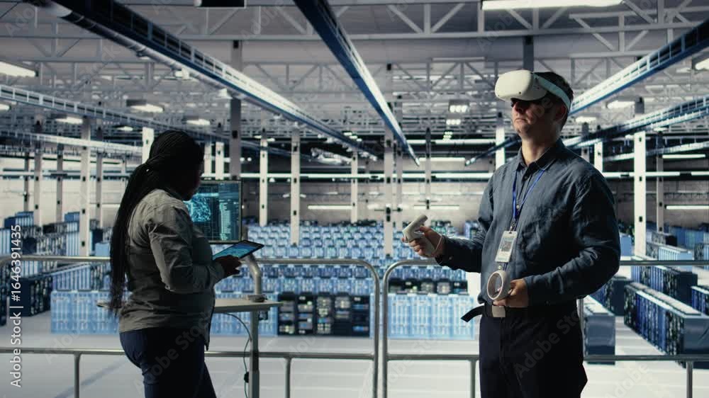 Poster data center system administrator uses virtual reality tech, improving ai rigs processing speed. man 