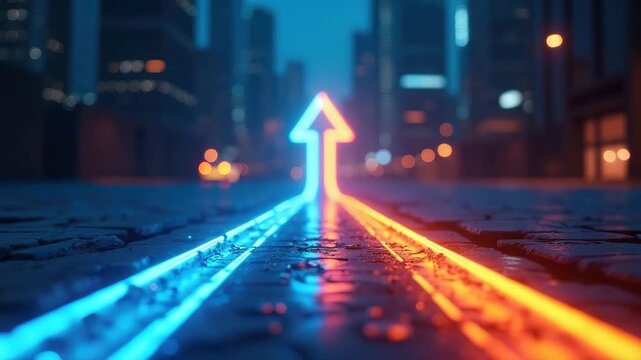 Neon arrow on city street at night concept of direction future and technology path