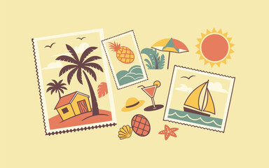 A colorful collage of tropical summer vacation stamps