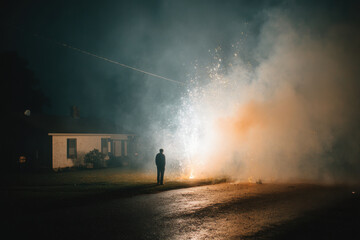 Fototapeta premium father ignites fireworks in backyard amid joyful shouts from excited children