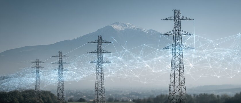 Power lines stretching across a landscape, overlaid with a network of interconnected points, suggesting technological advancement in the energy sector. 