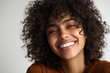 A woman with curly hair radiates natural joy through a bright smile and relaxed demeanor, her clear skin and shining eyes conveying a genuine and welcoming presence.