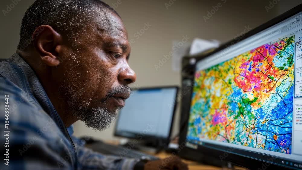 Aufkleber focused cartographer adjusting colorcoded thematic map layers in gis software visualizing demographi