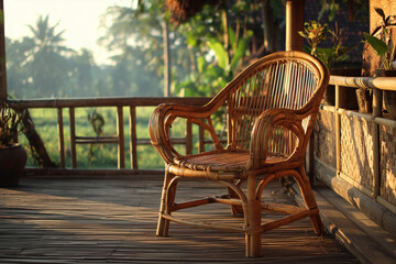 Obraz premium The bamboo chairs placed on the terrace of the house are the result of handicrafts by very wealthy craftsmen.