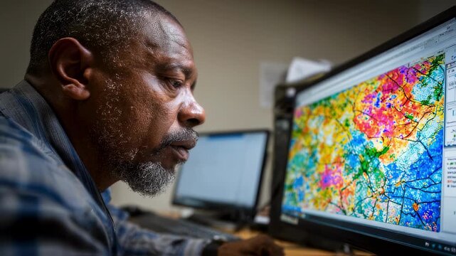 Focused cartographer adjusting colorcoded thematic map layers in GIS software visualizing demographic and environmental data for strategic spatial planning.