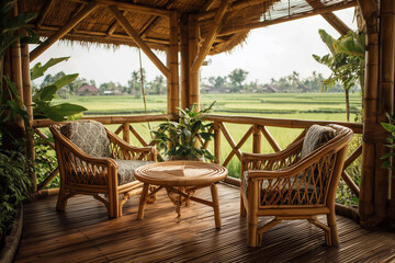 Obraz premium Classic bamboo table with woven bamboo chairs, set in a wooden gazebo, rice field view, traditional feel