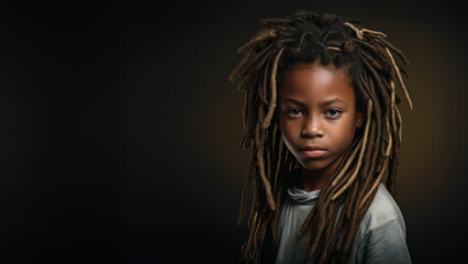 Studio portrait of an African American boy with long dreadlocks. Intense gaze against a dark backdrop. Pensive, confident and powerful expression.