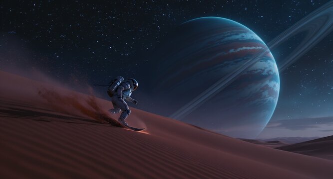 Astronaut Sandboarding Epic Space Adventure on Alien Planet