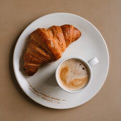 Overhead View of Coffee and Croissant on Minimalist Plate