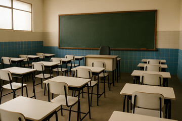 An empty classroom with neatly arranged white desks and chairs, a teacher&rsquo;s desk and chair at the front, blue-tiled lower walls, large window, and a blank green chalkboard.